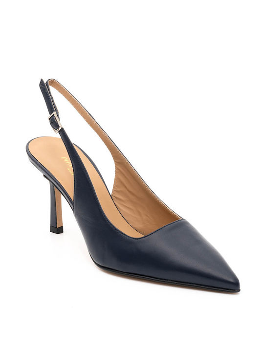 Philippe Lang Leather Pointed Toe Blue Heels with Strap