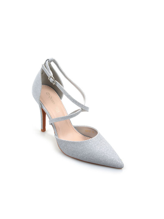 Fshoes Synthetic Leather Pointed Toe Stiletto Silver High Heels with Strap