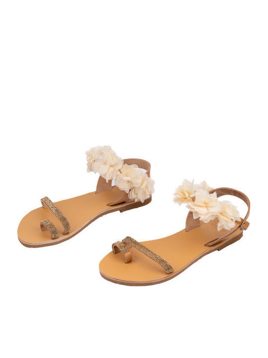Leder Flache Sandalen für Damen in Beige Farbe