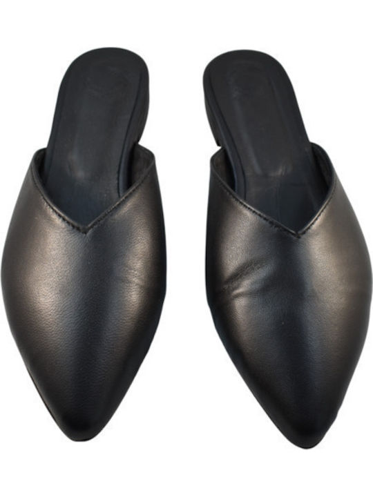 Flat Δερμάτινα Mules σε Μαύρο Χρώμα