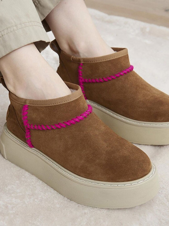 Suede Women's Ankle Boots Platform Brown Pink
