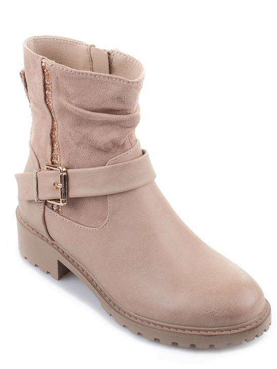 Fshoes Women's Suede Combat Boots Beige