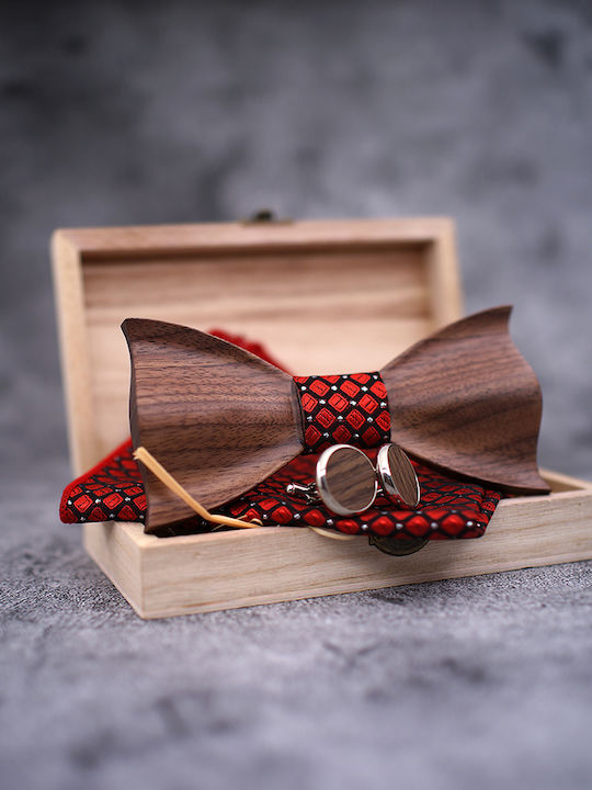 Legend Accessories Σετ Ξύλινo Παπιγιόν με Μανικετόκουμπα & Μαντήλι Κόκκινο