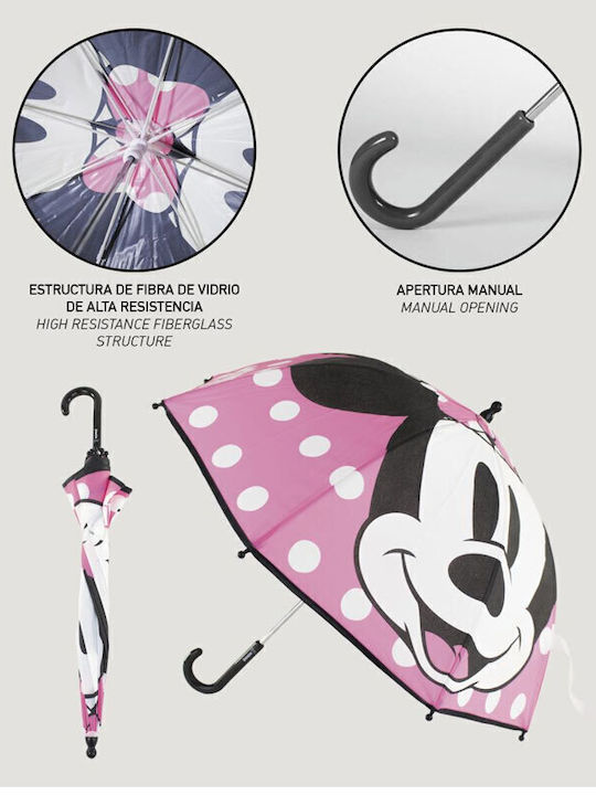 Cerda Παιδική Ομπρέλα Μπαστούνι Minnie Mouse Ροζ με Διάμετρο 71εκ.