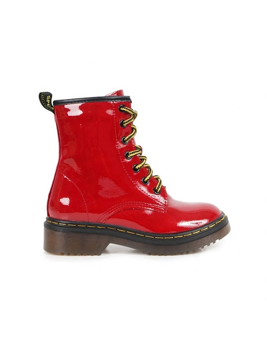 Piazza Shoes Kids Patent Leather Military Boots with Lace Red