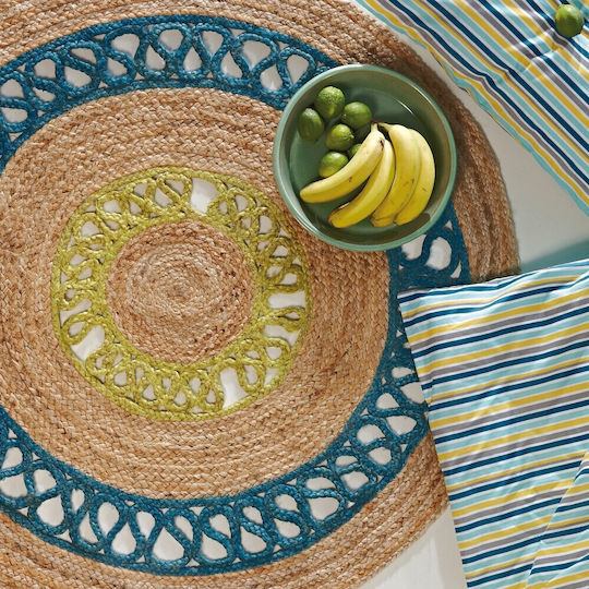 Kentia Yute Rug Round Summer from Jute 226 Natural / Petrol / Lime