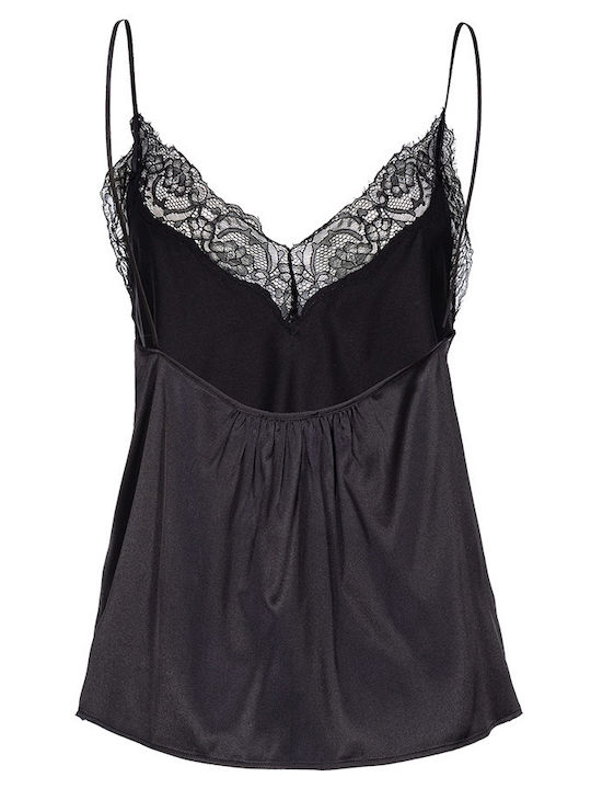 Γυναικείο Σατέν Lingerie Top με Δαντέλα Μαύρο