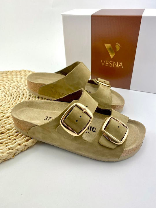 Vesna Leather Women's Flat Sandals Anatomic in Khaki Color 410