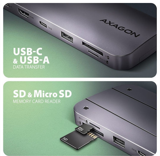 Axagon USB-C Docking Station mit HDMI 4K PD und Verbindung 2 Monitore Gray (HMC-6GM2)
