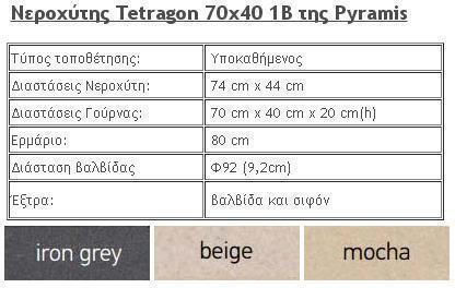Pyramis Tetragon 1B 070068811 Undermount Sink Synthetic Granite W70xD40cm Iron Grey