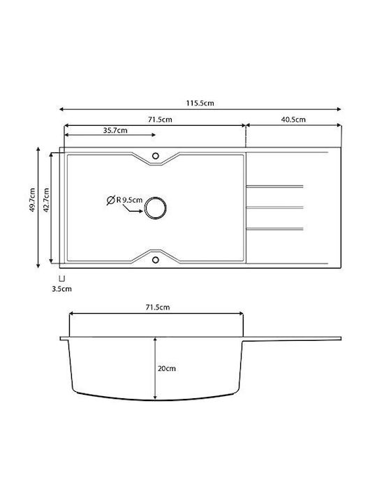 Crown Quadra Q16 6716-110 Drop-In Spüle aus Verbundgranulat B116xT50cm Bianco Ice