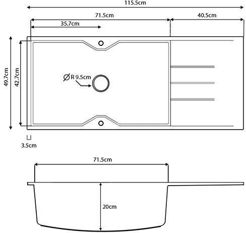 Crown Quadra Q16 6716-110 Drop-In Мивка от Синтетичен Гранит Ш116xД50см Bianco Ice