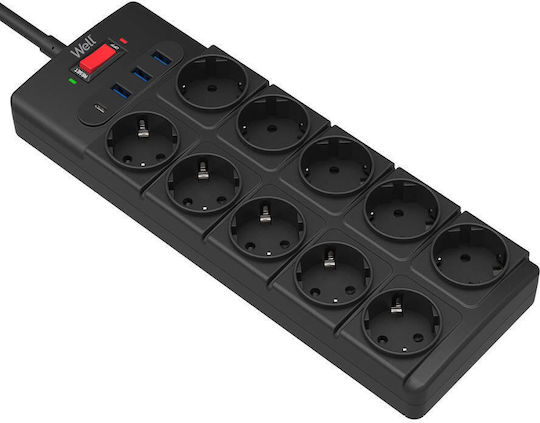 Well Πολύπριζο Aσφαλείας 10 Θέσεων με USB-A, 1 USB-C, Διακόπτη και Καλώδιο 2m