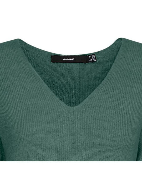 Vero Moda Дамска Дълъг ръкав Блуза с V-образно деколте Зелен