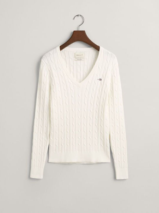 Damen Langarm Pullover Baumwolle mit V-Ausschnitt Weiß