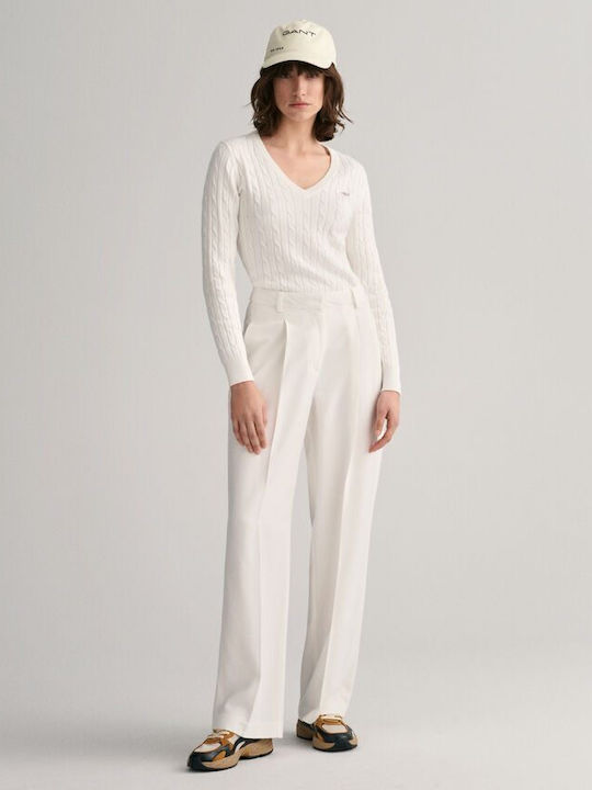 Damen Langarm Pullover Baumwolle mit V-Ausschnitt Weiß