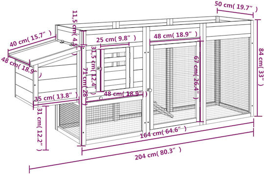 vidaXL Wooden Poultry Coop L2.04 x W0.84 x H0.5m