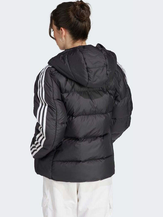 Essentials 3-Stripes Mid Down Women's Short Puffer Jacket for Winter with Hood Black