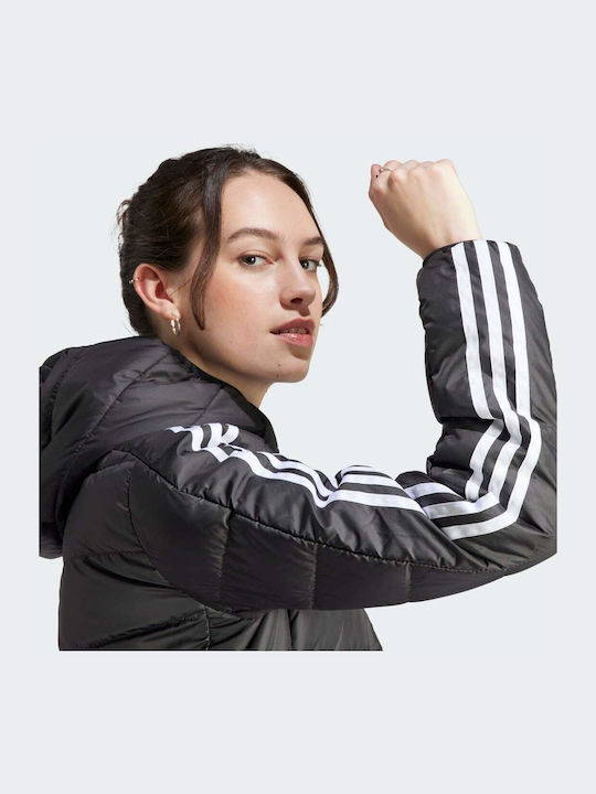 Essentials 3-Stripes Light Down Women's Long Puffer Jacket for Winter with Hood Black