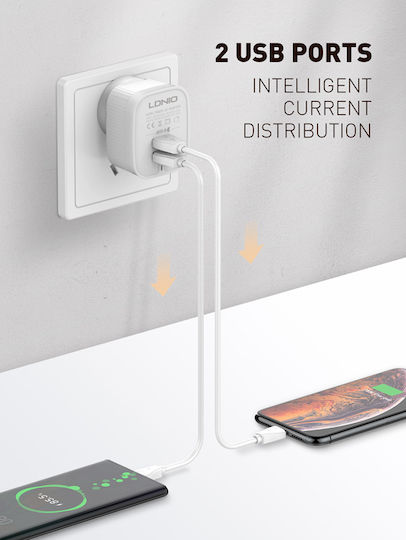 Ldnio Φορτιστής με 2 Θύρες USB-A και Καλώδιο USB-C Λευκός (A201)