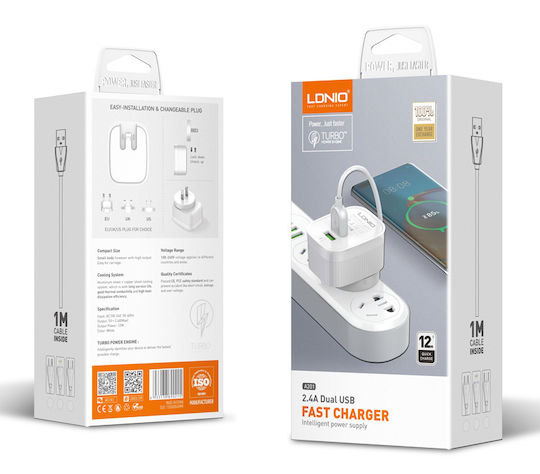 Ldnio Φορτιστής με 2 Θύρες USB-A και Καλώδιο USB-C Λευκός (A201)