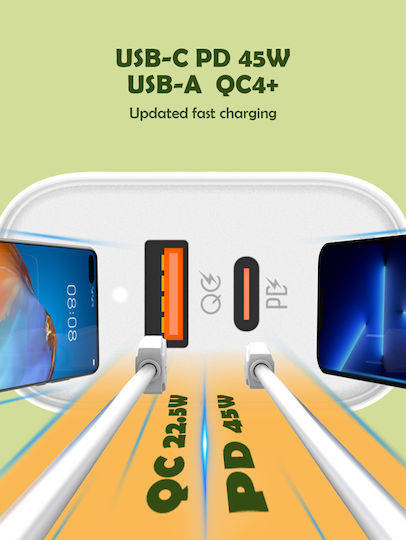Ldnio с USB-A порт и USB-C порт и кабел USB-C - USB-C 45W Power Delivery / Quick Charge 4.0 Бял (A2526C)