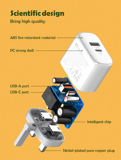 Ldnio с USB-A порт и USB-C порт и кабел USB-C - USB-C 45W Power Delivery / Quick Charge 4.0 Бял (A2526C)