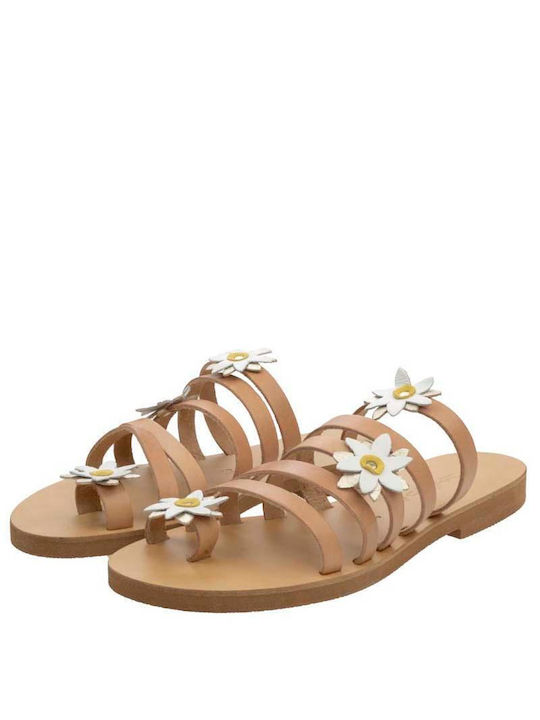 Kiamos Leder Damen Flache Sandalen in Beige Farbe