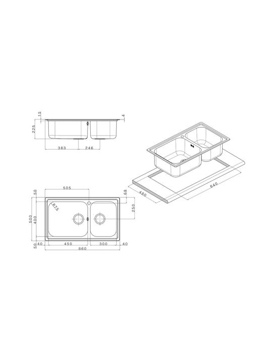 Apell Linear 8520 8520-112 Drop-In Sink Left Inox Matte W86xD50cm Silver