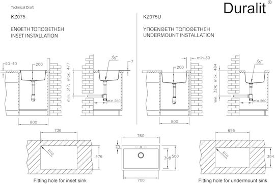 Duralit KZ075 KZ075-300 Drop-In Мивка от Синтетичен Гранит Ш76xД50см Bianco Artico