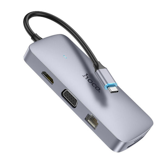 Hoco HB33 Easy USB-C Docking Station mit HDMI 4K PD Ethernet und Verbindung 2 Monitore Gray