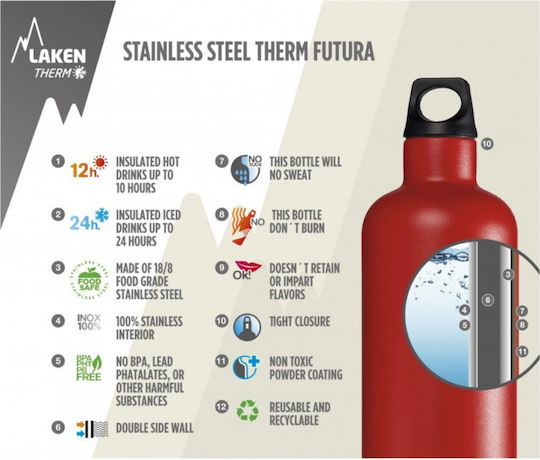 Laken Futura Thermo Narrow Mouth Recyclable Stainless Steel BPA Free Thermos Bottle 500ml Red