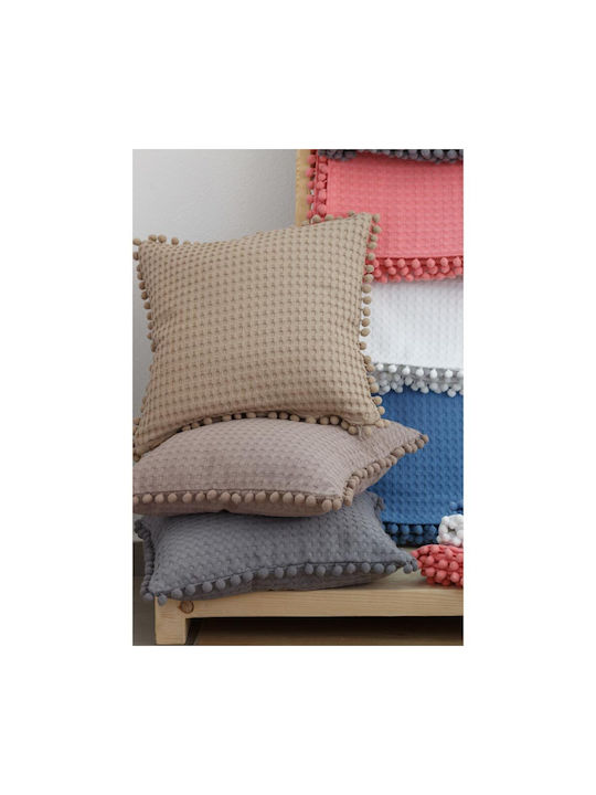 Borea Decorative Pillow Case Waffle Cubic Pom Pom from 100% Cotton Pom Pom Coral 45x45cm.