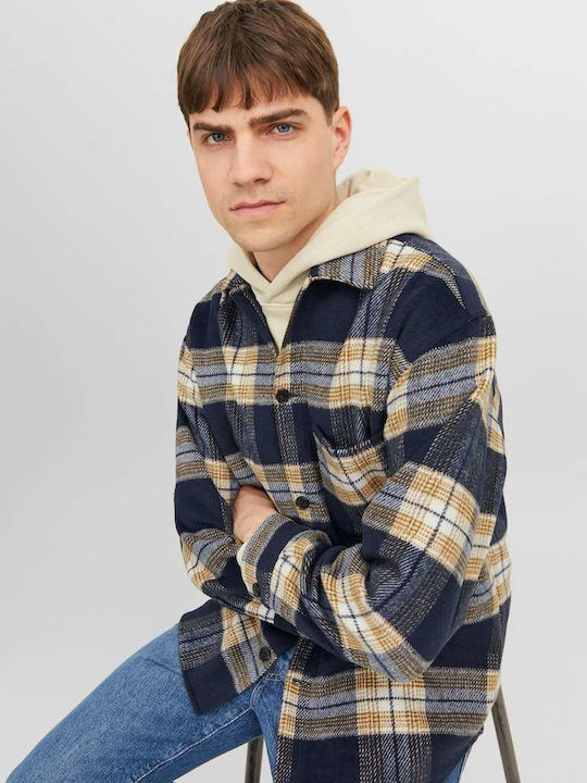 Long Sleeve Flannel Overshirt in Wide Line Checked Blue