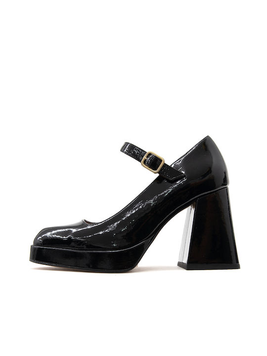 Angel Alarcon Patent Leather Black High Heels with Strap