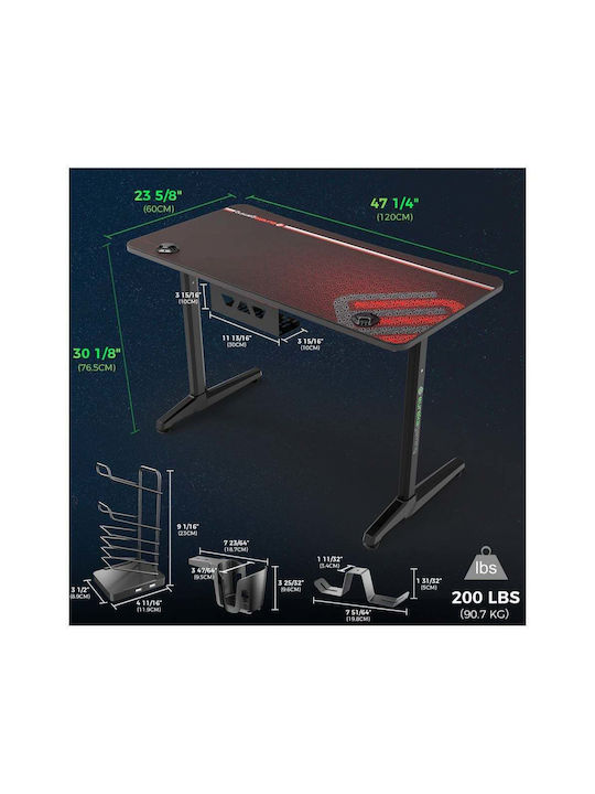 Геймърско Бюро ERK-GIP-P47B-V1 Дървено Черно с Метални Крака 120x60x77см