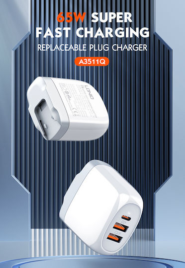 Ldnio Charger with 2 USB-A Ports and USB-C Port and Cable USB-C - USB-C 65W Whites (A3511Q)