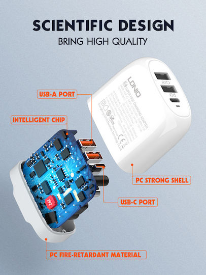 Ldnio Charger with 2 USB-A Ports and USB-C Port and Cable USB-C - USB-C 65W Whites (A3511Q)