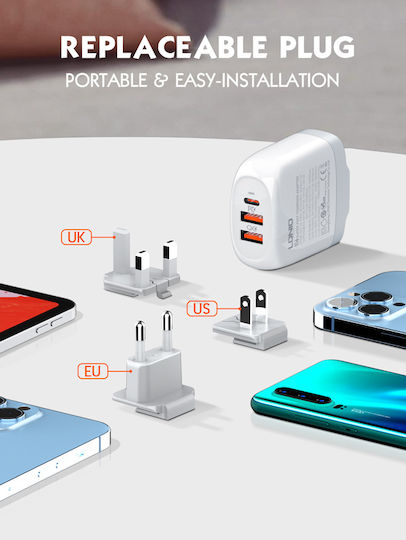 Ldnio Charger with 2 USB-A Ports and USB-C Port and Cable USB-C - USB-C 65W Whites (A3511Q)