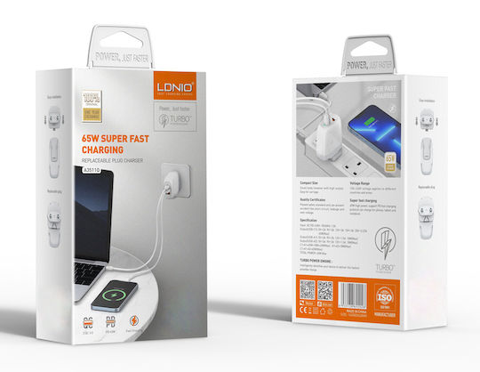 Ldnio Charger with 2 USB-A Ports and USB-C Port and Cable USB-C - USB-C 65W Whites (A3511Q)