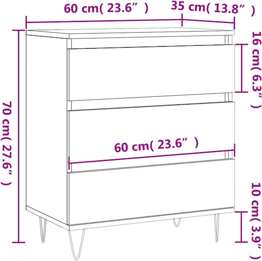 Wooden Chest of Drawers with 3 Drawers Gray 60x35x70cm