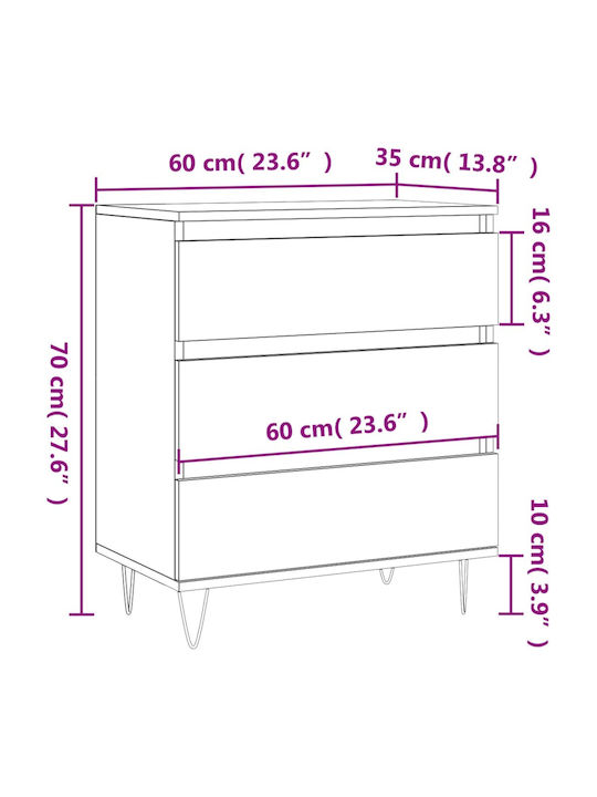 Wooden Chest of Drawers with 3 Drawers 60x35x70cm
