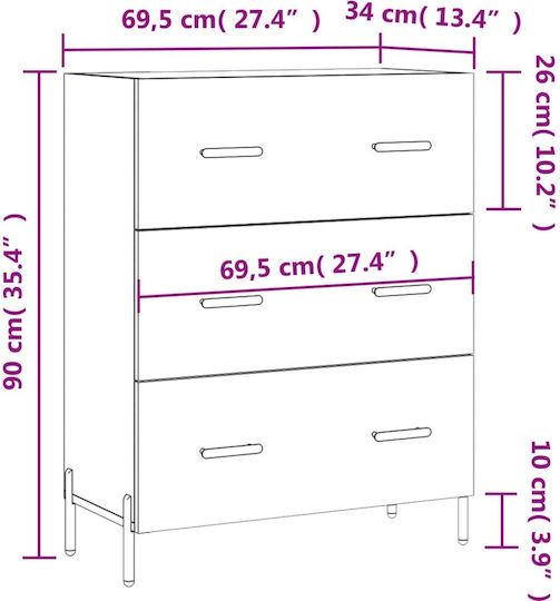 Συρταριέρα Κρεβατοκάμαρας mit 3 Schubladen Gray 69.5x34x90cm