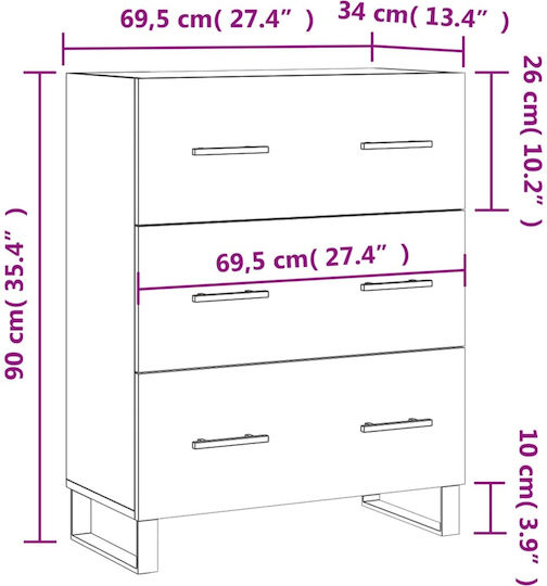 Wooden Chest of Drawers with 3 Drawers White 69.5x34x90cm
