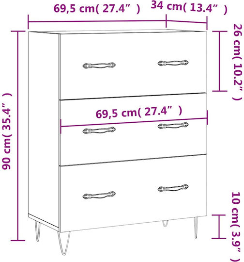 Wooden Chest of Drawers with 3 Drawers Gray 69.5x34x90cm