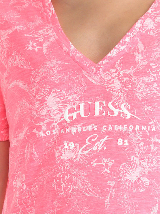 Guess Damen Sommer Bluse Kurzärmelig Blumen Rosa