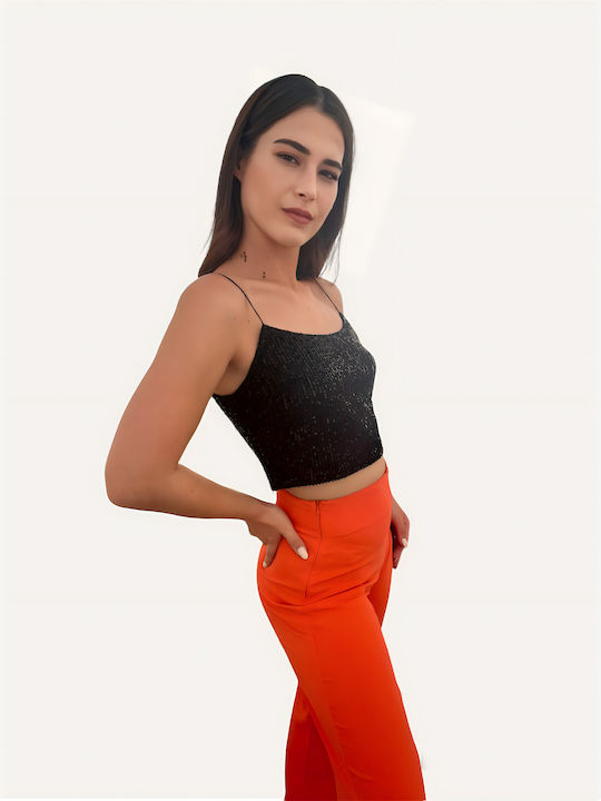 Sateen Γυναικείο Crop Top με Τιράντες Καλοκαιρινό Μαύρο