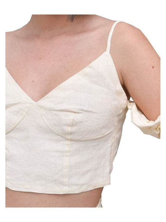 Na-Kd pentru Femei de Vară Crop Top din In cu Bretele Bej