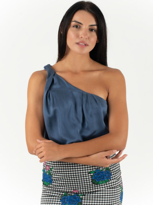 Damen Bluse Satin Schulterfrei mit einem Schulter Blau