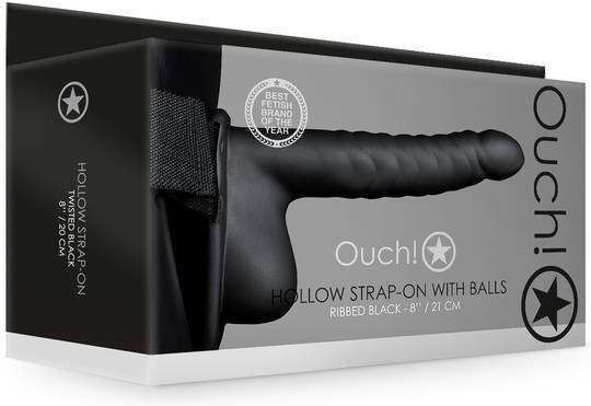 Shots Ouch Ribbed Hollow With Balls Harnașament cu Dildo 22cm în Culoare Negru